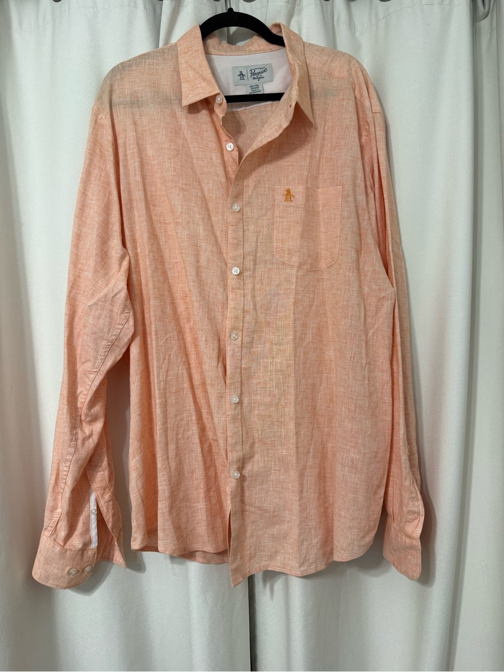 Original Penguin Linen Blend Ling Sleeve Shirt in Orange Size XXL